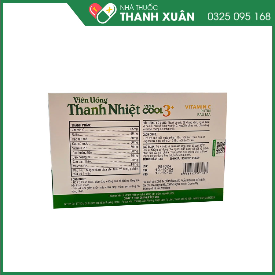 Viên uống Thanh Nhiệt Vina Cool 3+ giúp hỗ trợ thanh nhiệt, tăng cường đề kháng, bền thành mạch